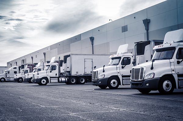 Trucks wait in a loading dock, ready to be loaded up