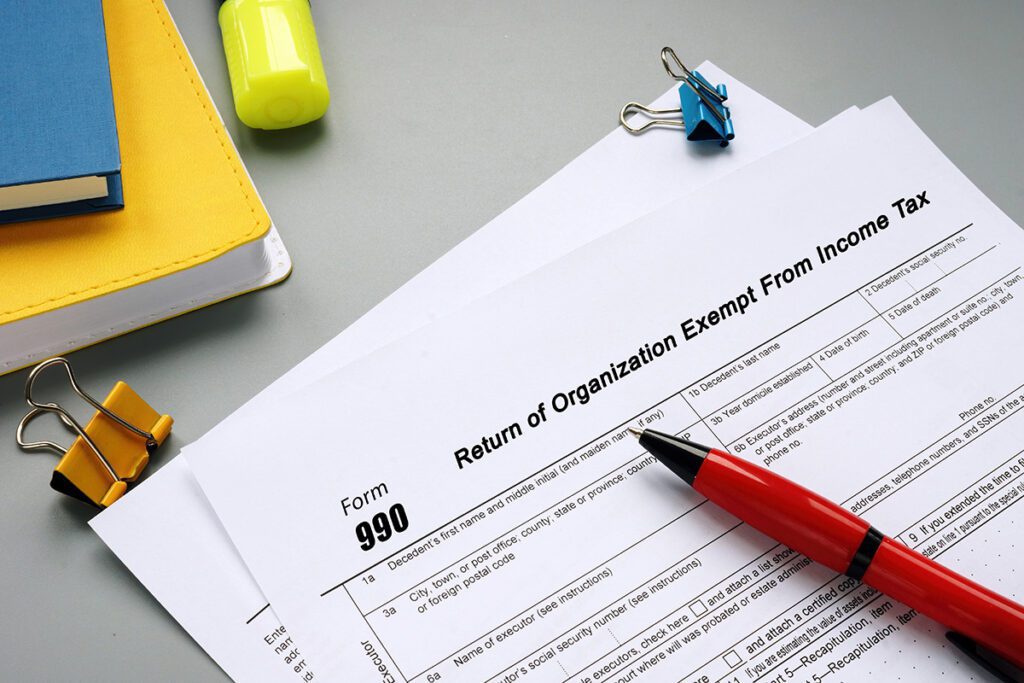 A photo of Form 990, a document that tax-exempt organizations must fill out each year.